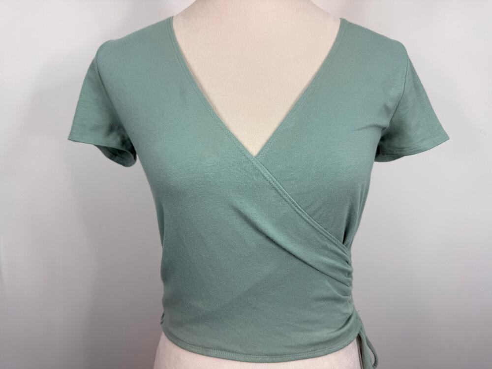 Hollister Y2K Wrap Style Baby Tee Sage Green Ruched Tie Womens Top Size S